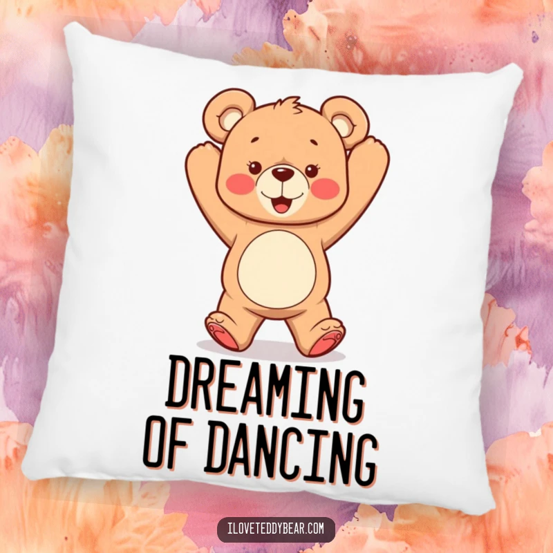 Funny pillow featuring a soft teddy bear dancing with arms in the air, offering comfort and a design that celebrates playful movement.