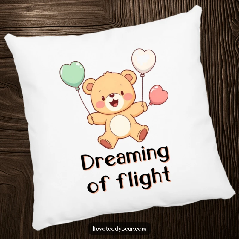 Funny pillow with a cheerful teddy bear attempting flight using balloon wings, showcasing a humorous and hopeful scene. An excellent funny gift.