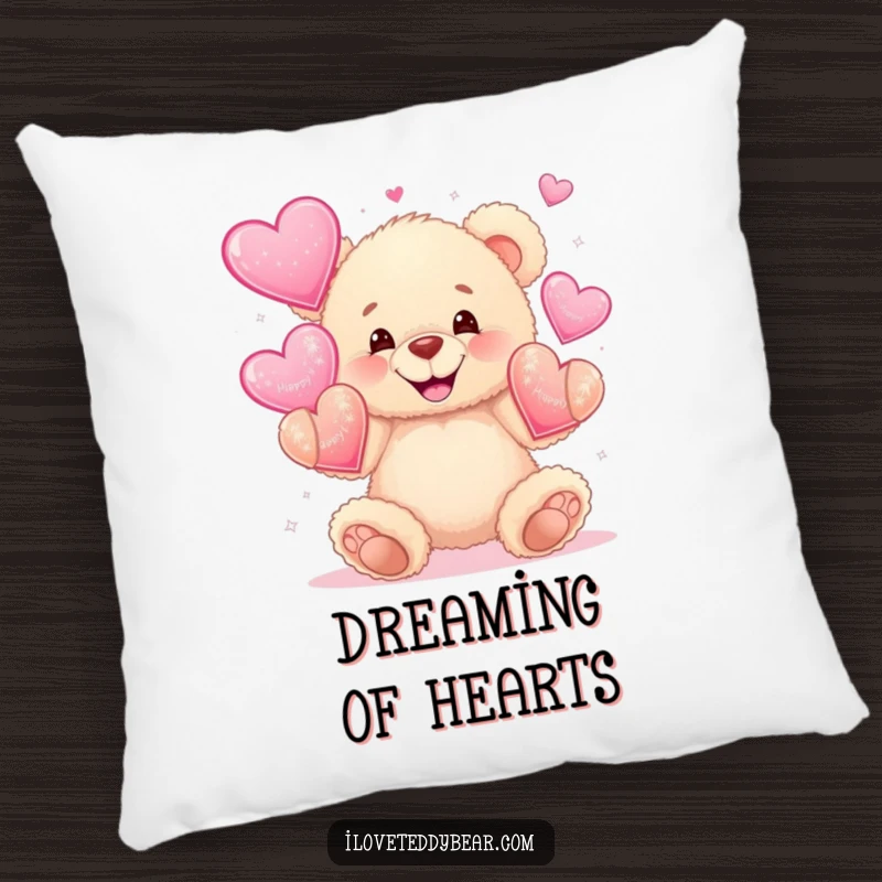 Funny pillow featuring a fluffy teddy bear with a wide grin juggling sparkly hearts, offering comfort and loving charm.