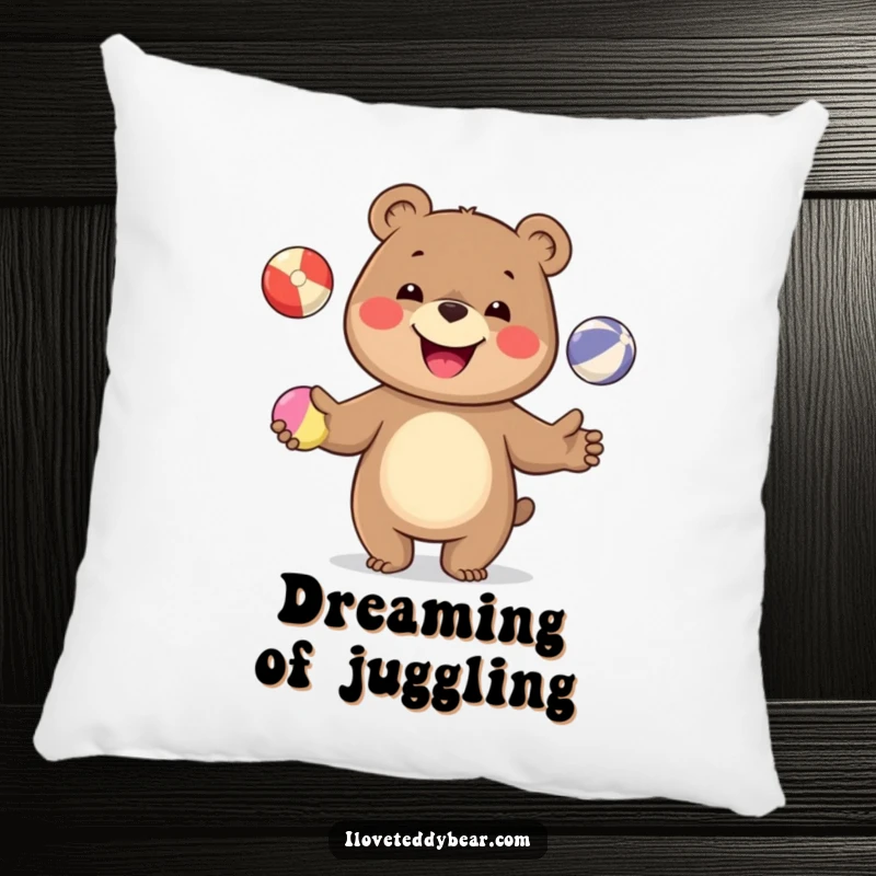 Funny throw pillow showcasing a happy bear juggling brightly colored balls, offering a soft touch of humor and comfort to any seating area.