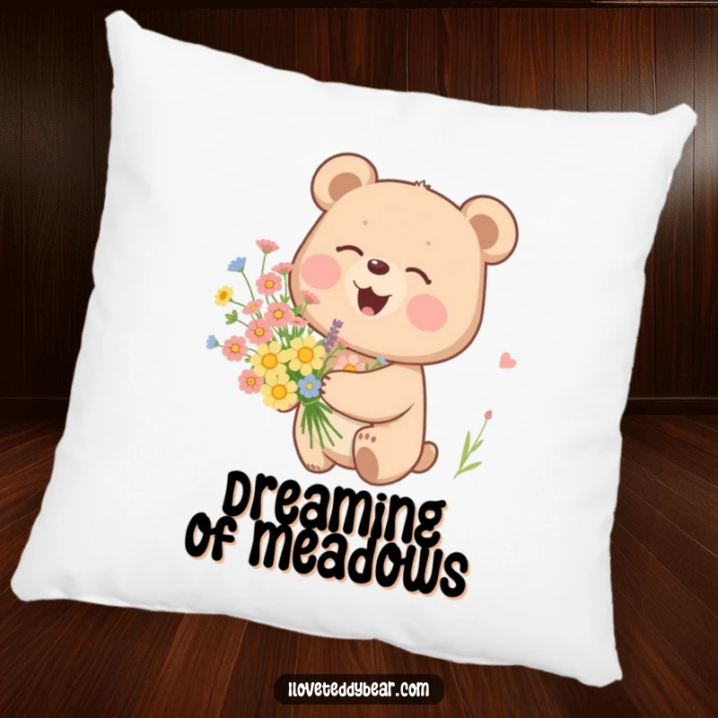 Funny throw pillow showcasing a bear softly giggling while holding a bouquet of wildflowers, perfect for cozying up.