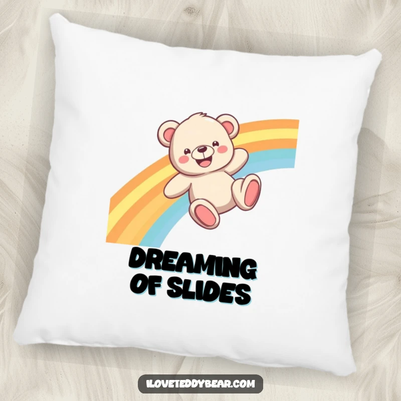 Funny Teddy Bear Pillow with a grinning bear sliding down a colorful rainbow, offering soft comfort and pure joy.