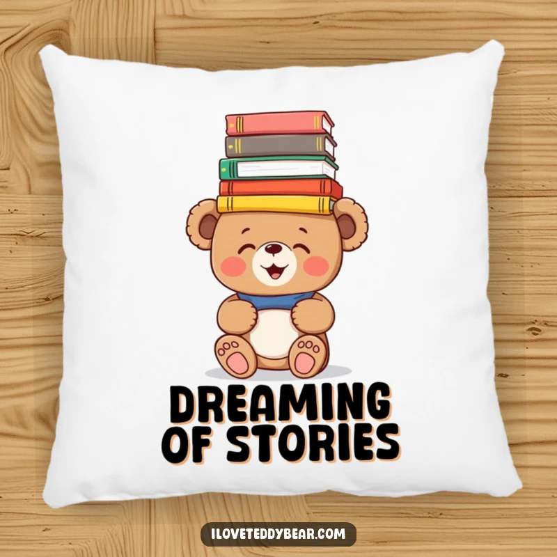 Funny Pillow: A giggling teddy bear comically balances a pile of colorful books on its head, bringing whimsical charm to your living space.