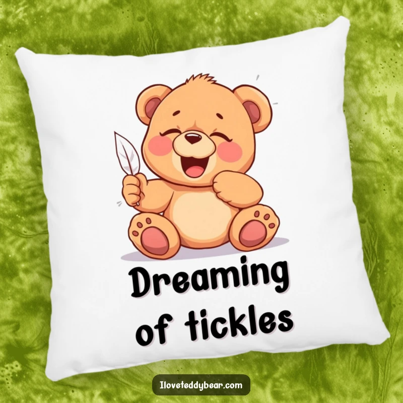 Funny Tickled Teddy Bear Pillow: A plush pillow showcasing a teddy bear giggling uncontrollably from a feather tickle, radiating pure joy, a perfect funny gift.