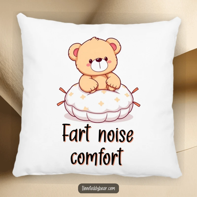 Funny teddy bear pillow featuring a bear surprised after sitting on a whoopee cushion, soft and amusing.