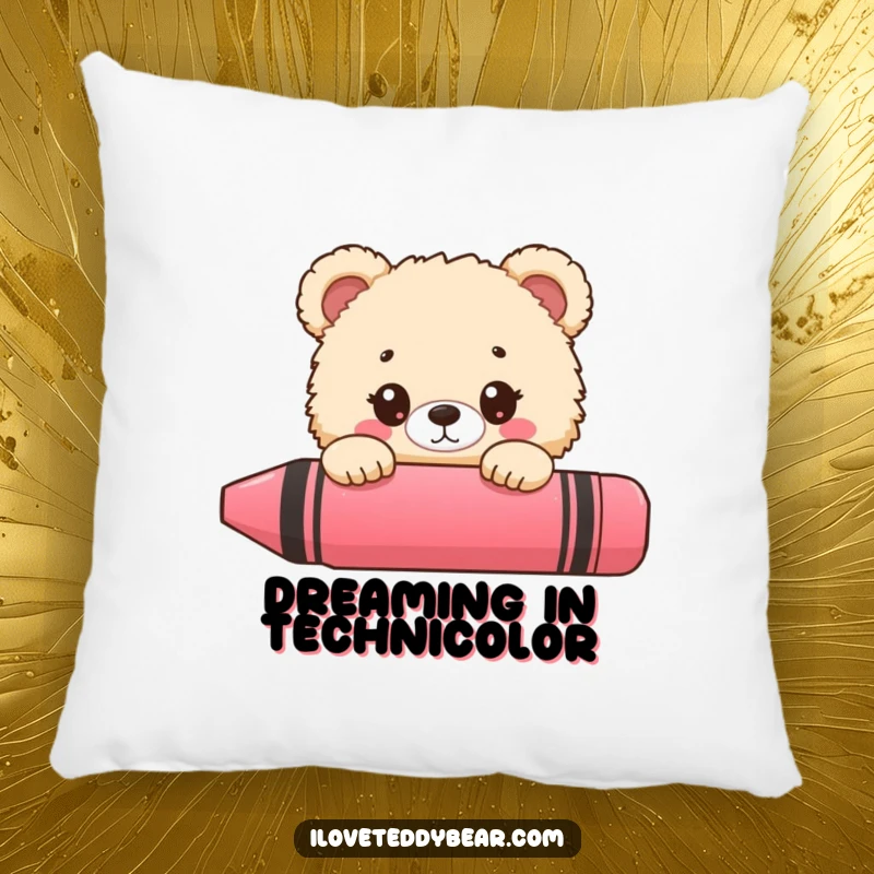 Funny bear pillow, fluffy bear peeking behind a giant crayon, wide eyes, artistic comfort.