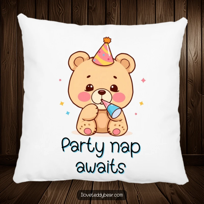 Funny Pillow showing a bear cub with a party hat and noisemaker, bringing comfort and festive humor to any space.