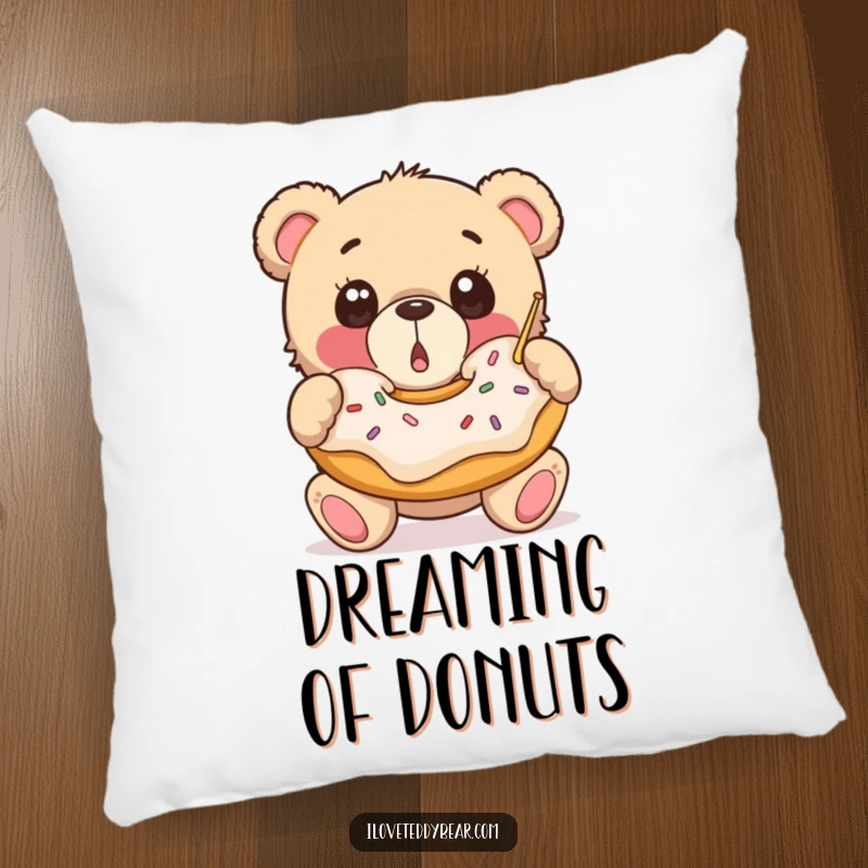 Funny Pillow: A surprised teddy bear with wide eyes catches a giant falling donut, bringing a whimsical and sweet touch to your decor.