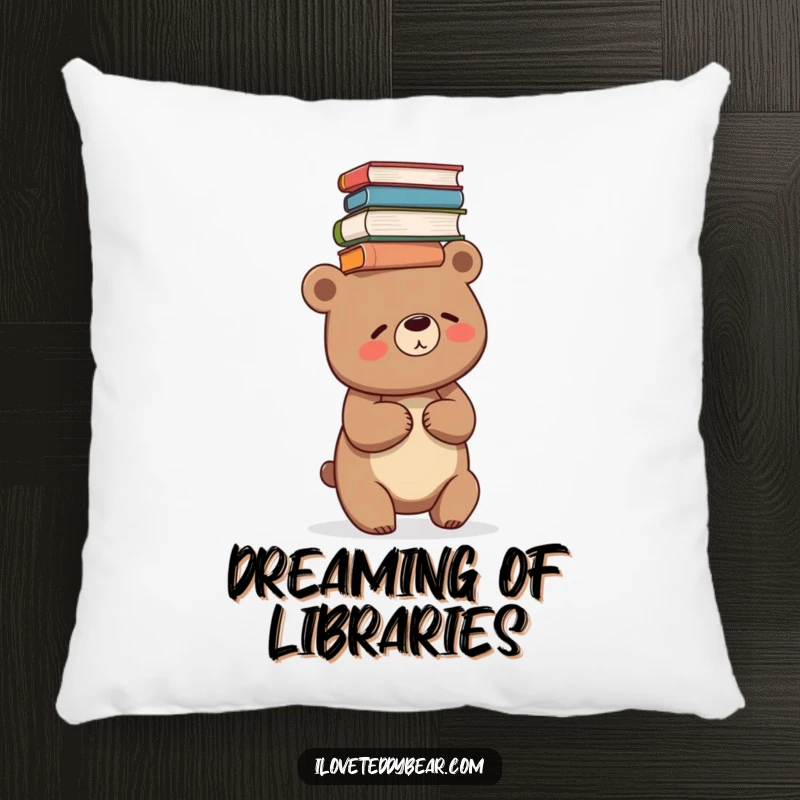 Funny decorative pillow featuring a bear giggling while precariously balancing a stack of books on its head.