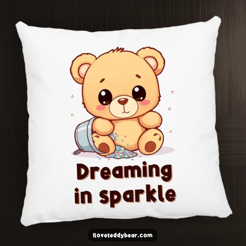 Funny pillow featuring a soft teddy bear with wide eyes, spilling a bucket of glitter, offering comfort and a humorous, sparkly touch.