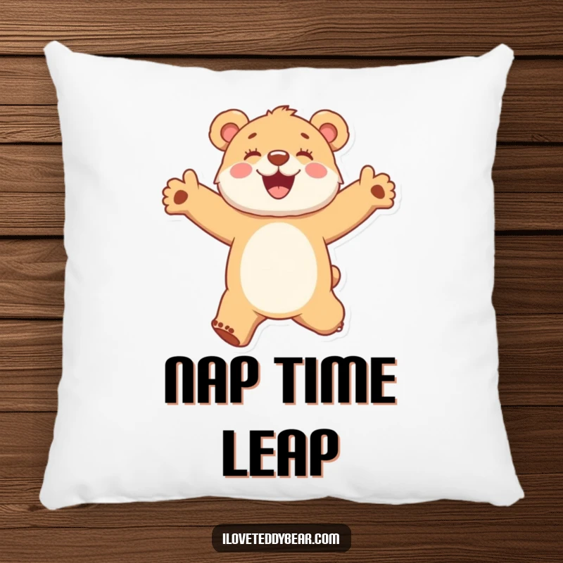 Funny pillow featuring a fuzzy bear cub jumping with glee, arms outstretched, offering comfort and a cheerful ambiance.
