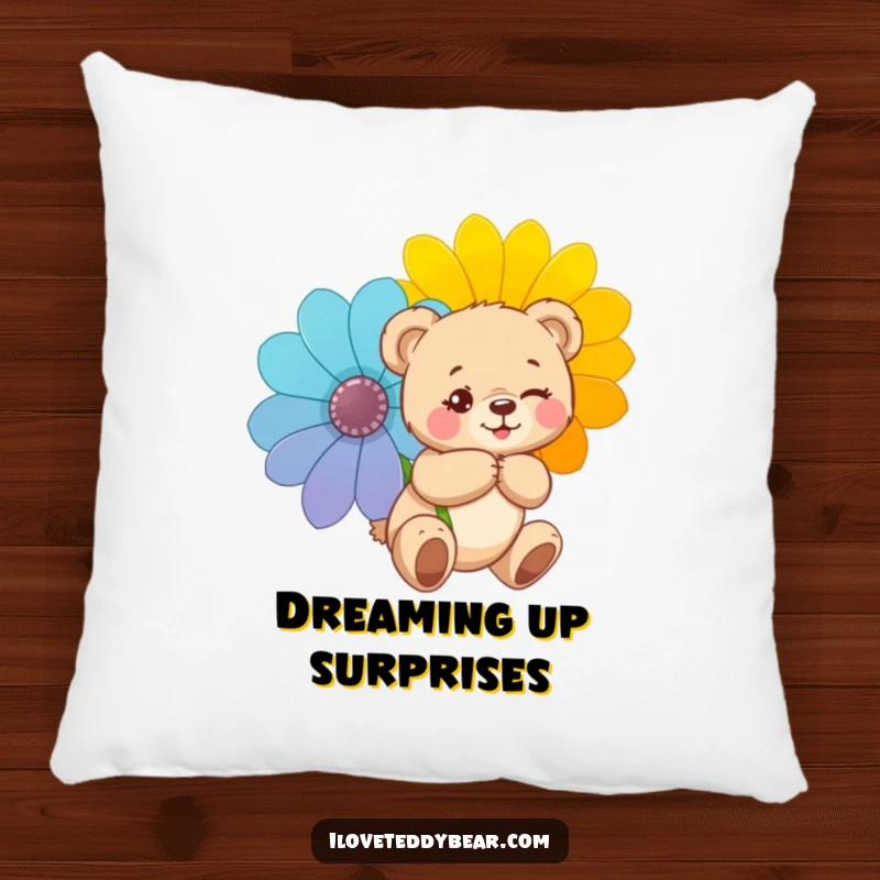 Funny pillow featuring a soft teddy bear winking mischievously and hiding a flower, offering comfort and a design full of playful charm.