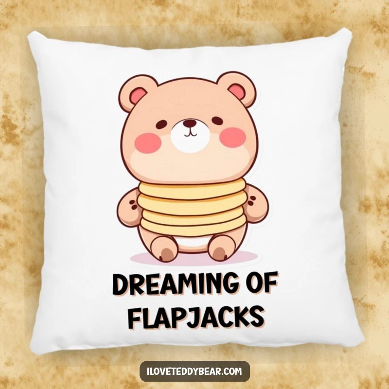 Funny pancake bear pillow, round bear with rosy cheeks balancing pancakes, cute cartoon art, cozy room decor.