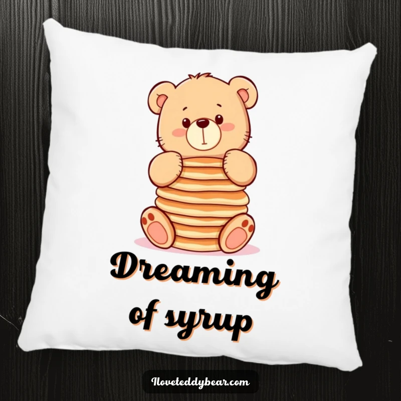 Funny pillow featuring a chubby teddy bear balancing pancakes, providing comfort and humorous breakfast-themed decor.