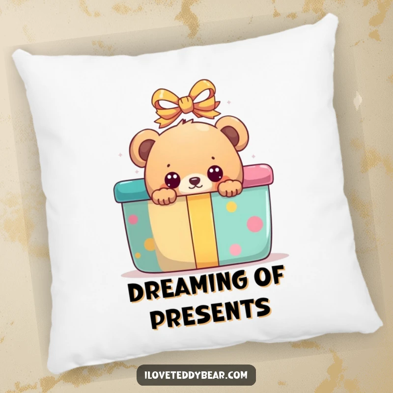 Funny decorative pillow featuring a bear peeking with wide eyes from behind a giant, colorful present.