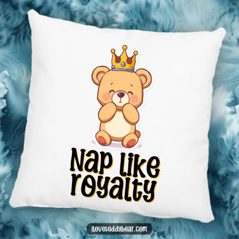 Funny pillow featuring a soft teddy bear in a crown, bowing grandly, providing both comfort and a humorous, regal accent.