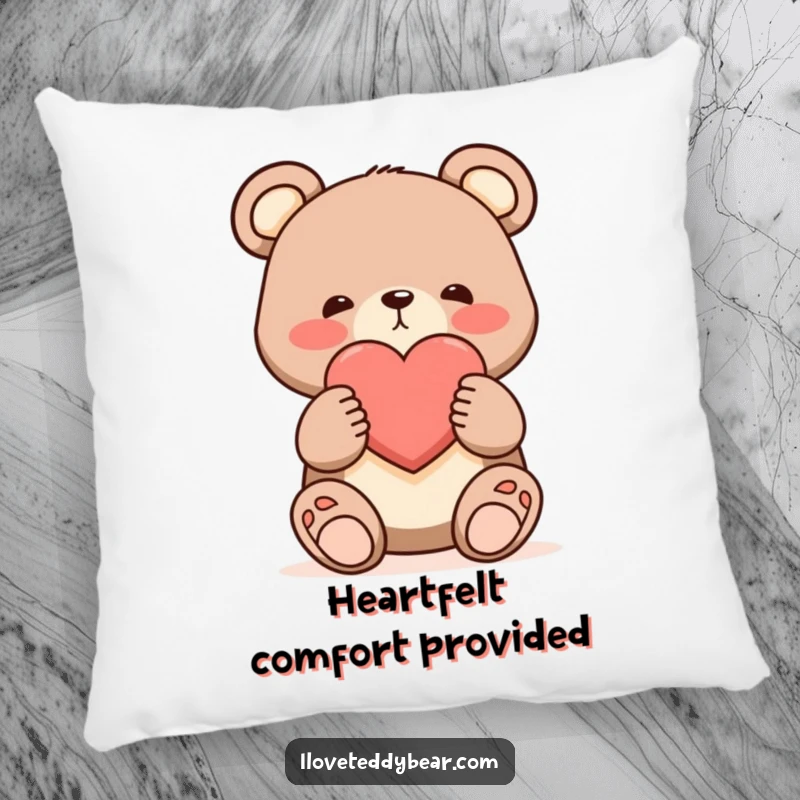 Funny shy bear pillow, bear offering a single large heart with a blush, comfy cartoon art, romantic accent.