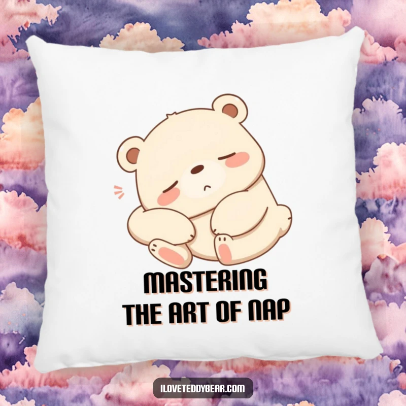 Funny sleepy bear pillow, bear stretching lazily with a contented sigh, comfy cartoon art, nap time accessory.