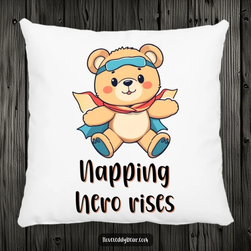 Funny throw pillow showcasing a teddy bear in a superhero costume flying with determination, perfect for adding a touch of bravery to any room.