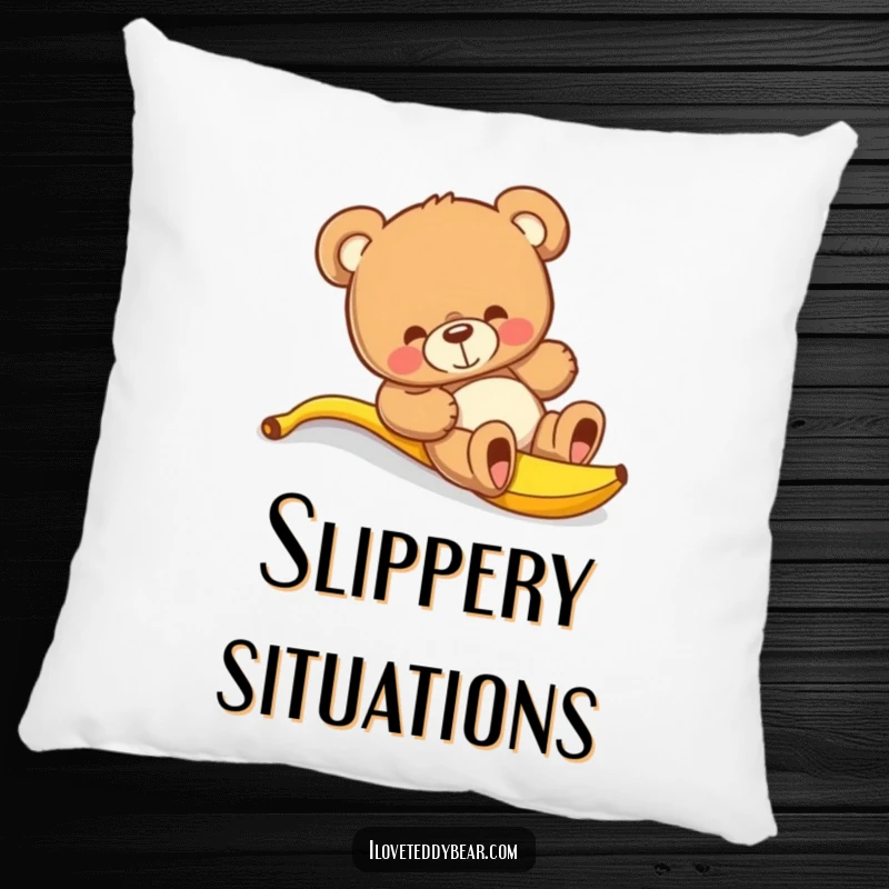 Funny teddy bear pillow featuring a bear humorously slipping on a banana peel, soft and inviting for a chuckle.