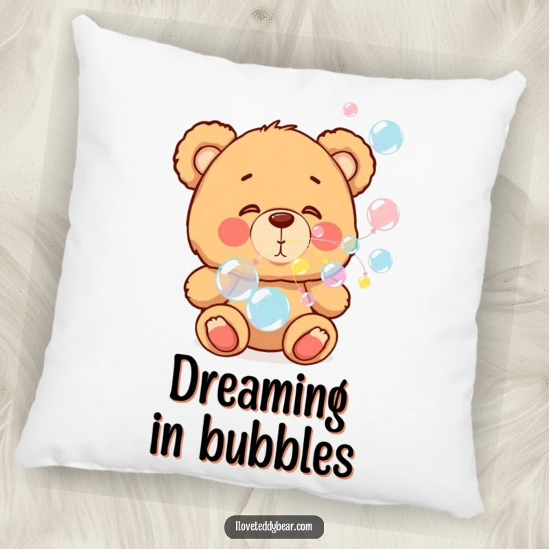 Funny pillow with a teddy bear blowing colorful bubbles, adding a cheerful and cozy element to any room, perfect for relaxation.