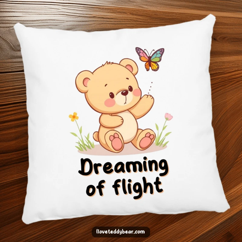 Funny throw pillow featuring a teddy bear playing chase with a vibrant, bouncing butterfly, perfect for cozying up.