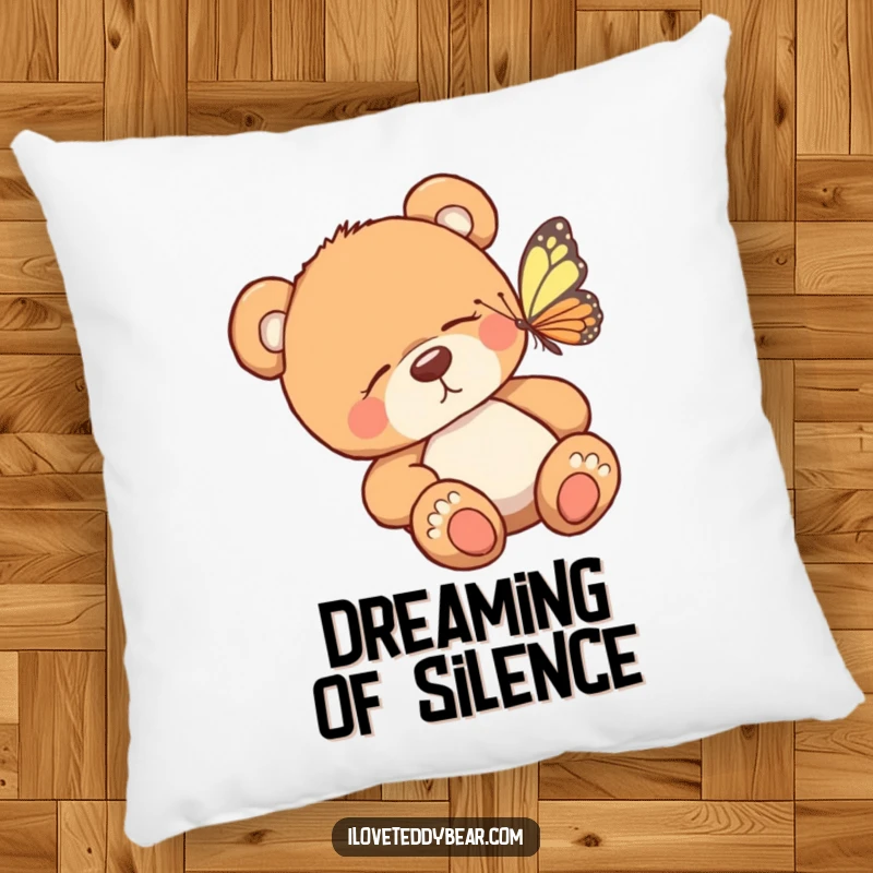 Funny decorative pillow with a sleepy teddy bear being gently woken by a butterfly, adding a humorous and soft touch to any couch or bed.