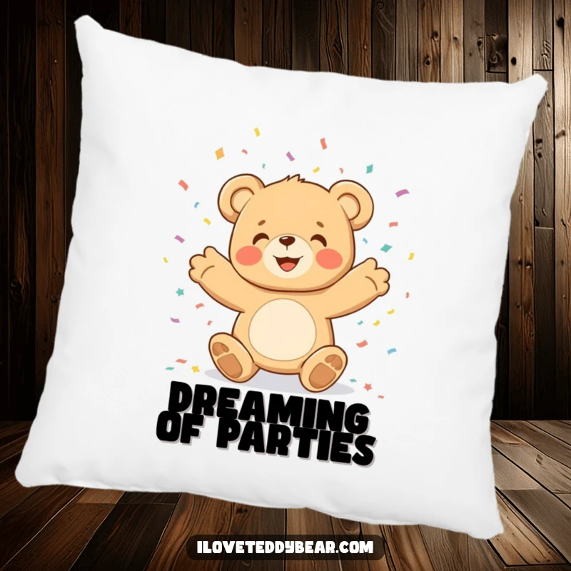 Funny teddy bear character joyfully throwing confetti, presented as a soft and decorative pillow for festive comfort.