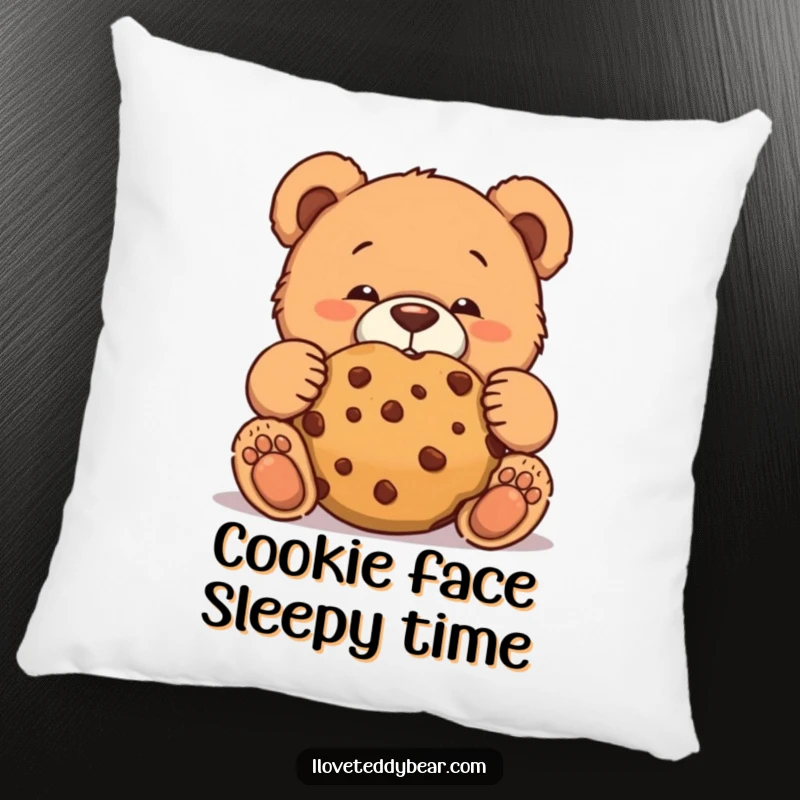 Funny teddy bear pillow showing a bear making a funny face while trying to eat a giant cookie discreetly.