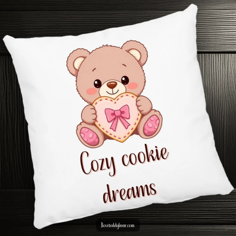 Funny Teddy Bear Cookie Pillow: A teddy bear proudly presents a heart cookie with a bow, designed for cozy sweetness.