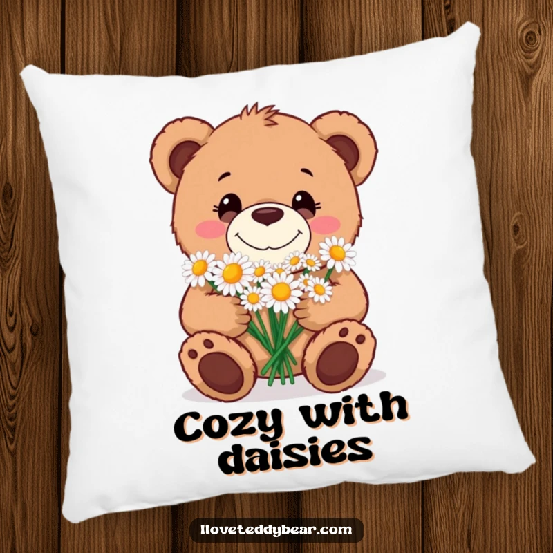 Funny Pillow featuring a teddy bear with a goofy grin, offering a bouquet of daisies, bringing a touch of sweet charm to any space.