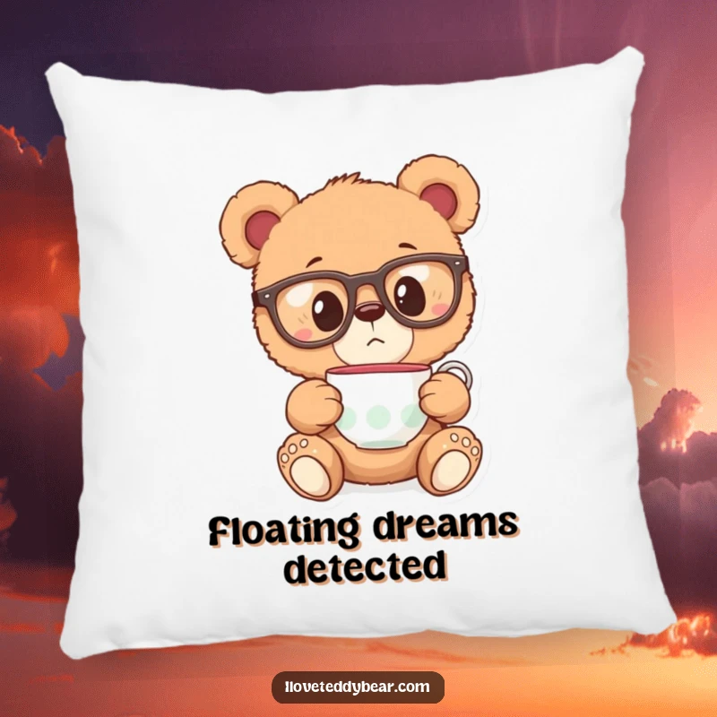 Funny pillow featuring a teddy bear in oversized glasses, surprised by a floating teacup, bringing cozy comfort and whimsy.