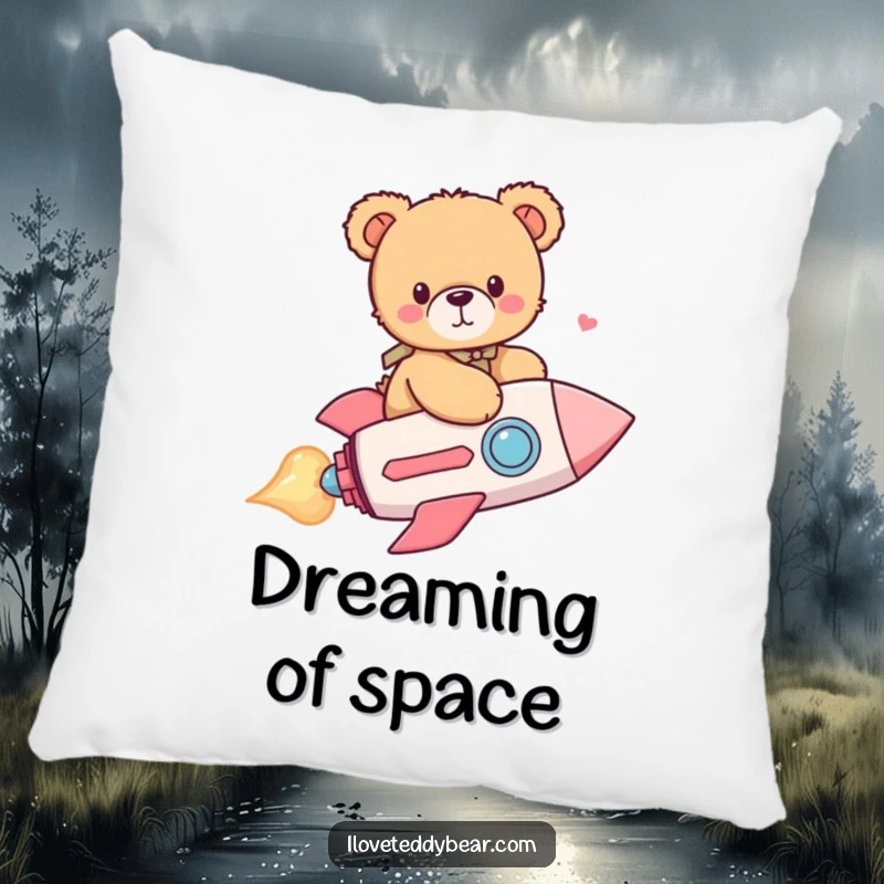 Funny pillow showcasing a lovable teddy bear rocketing through the sky on a giant heart, bringing whimsical charm to any space.