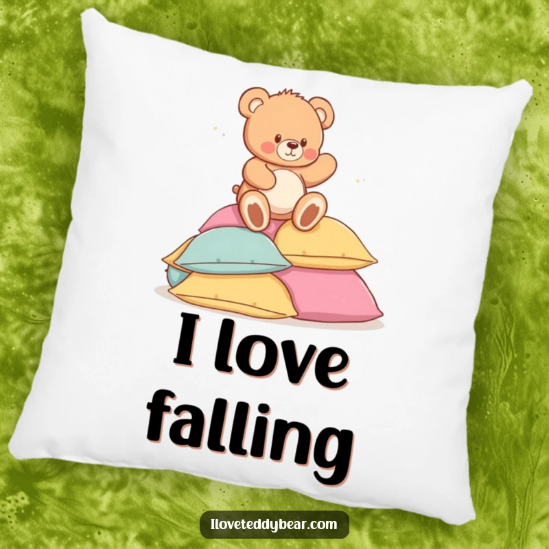 Funny throw pillow showcasing a teddy bear playfully tumbling into a soft, inviting pile of pillows, offering comfort and amusement.
