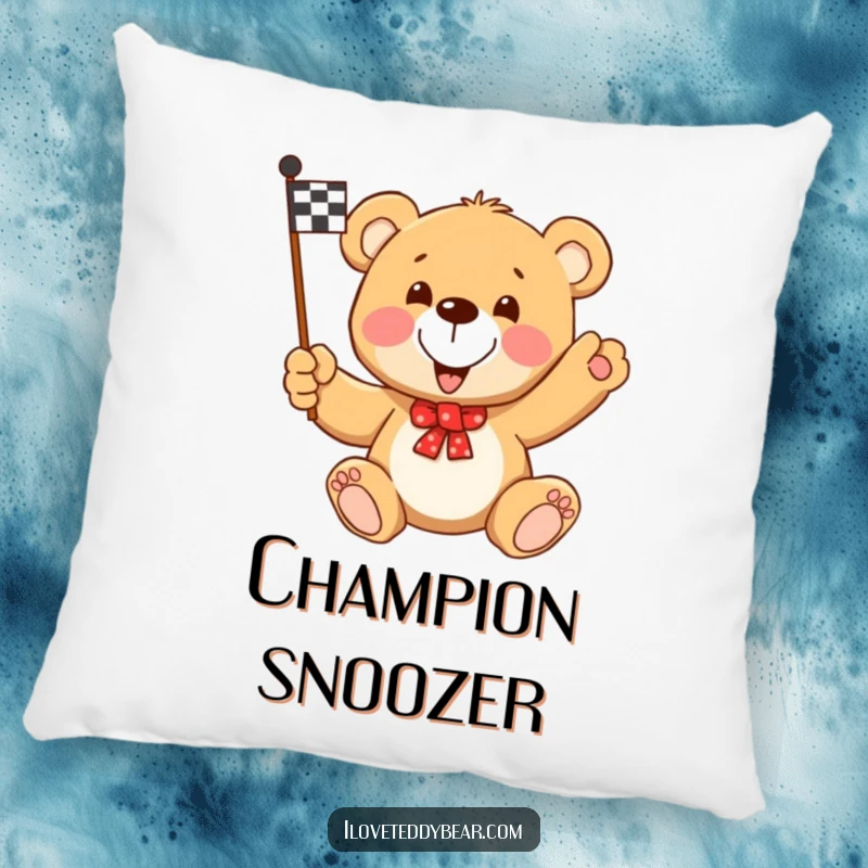 Funny Teddy Bear Racing Flag Pillow: A teddy bear waving a checkered flag, symbolizing victory and cozy comfort.