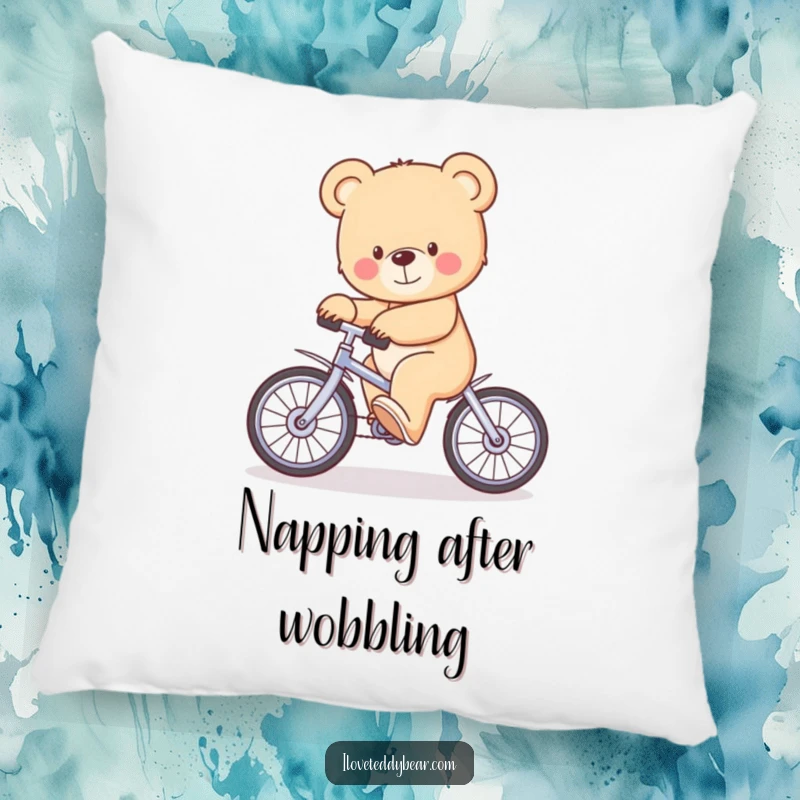 Funny Pillow depicting a cute teddy bear hilariously trying to balance on a tiny unicycle, adding a comical touch to any sofa.
