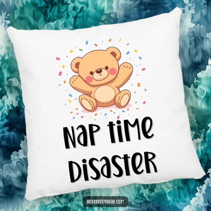Funny pillow featuring a teddy bear comically tripping and scattering confetti, bringing cozy comfort and playful energy.