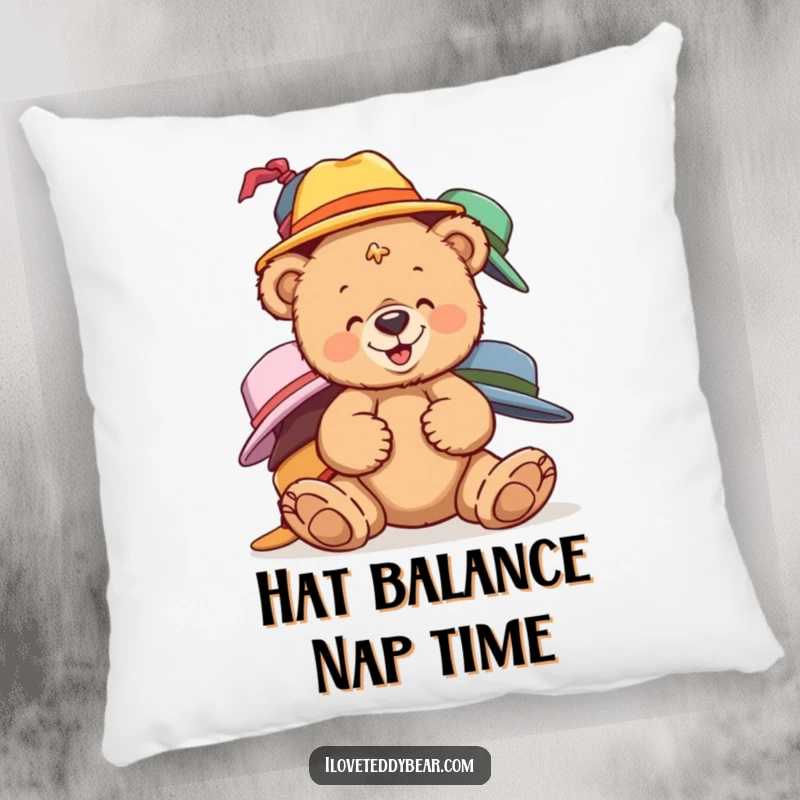 Funny teddy bear pillow showing a bear giggling while balancing mismatched hats, providing comfort and humor.