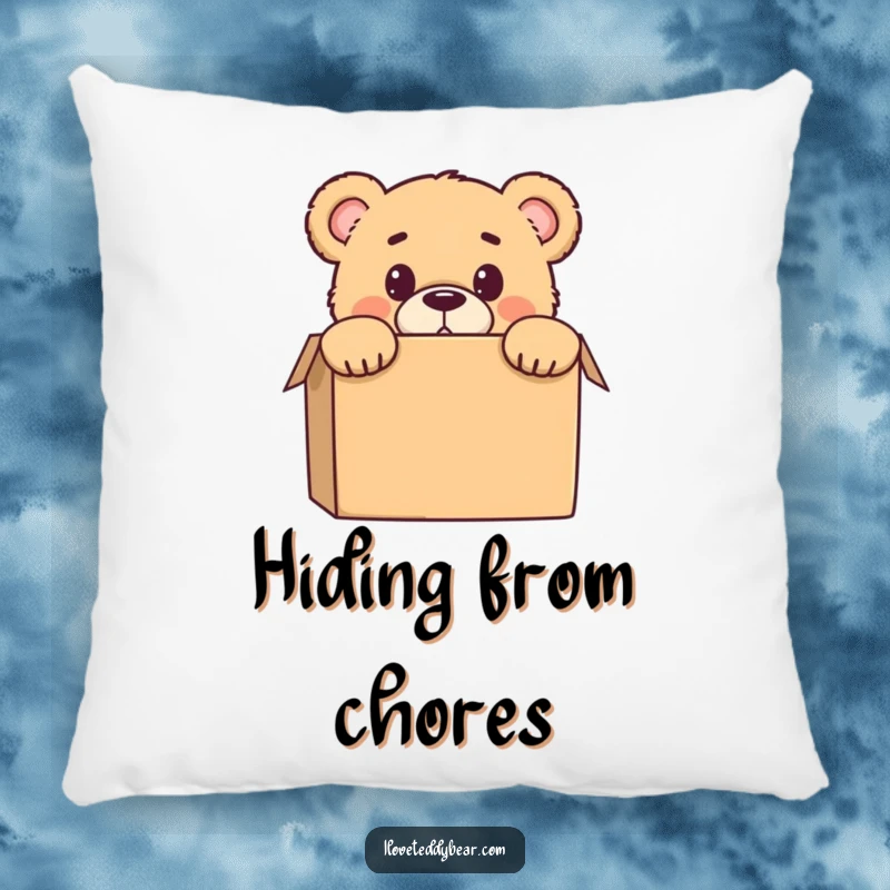 Funny pillow featuring a teddy bear peeking from behind a box with a surprised expression, enhancing comfort and adding humor to a room.