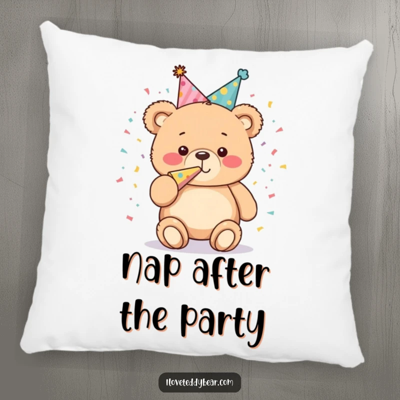 Funny Pillow: A plump teddy bear wearing a party hat joyfully blows a confetti horn, bringing a festive and humorous touch to your decor.