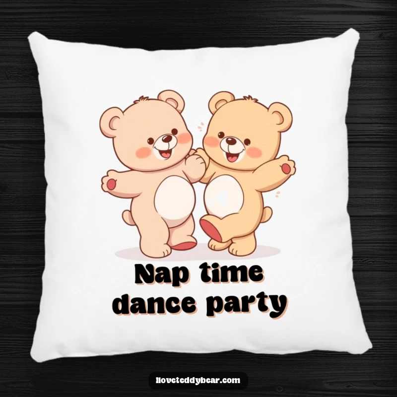 Funny Teddy Bear Pillow: A plush pillow depicting two teddy bears dancing sillily, one with a comical grin, bringing playful charm.
