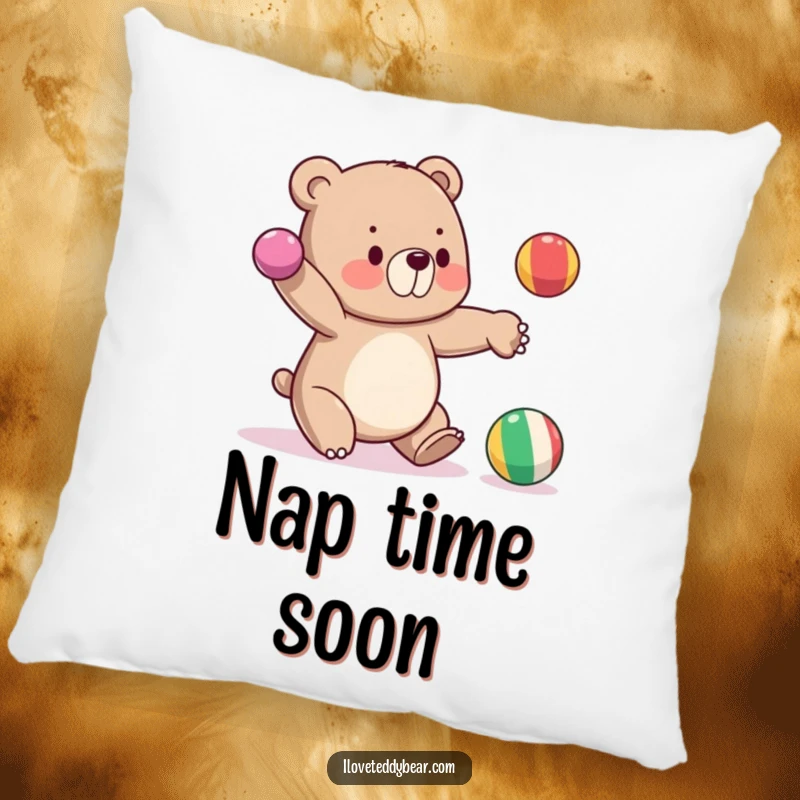 Funny pillow showing a bear juggling three balls with one falling, a soft and humorous addition to any room.