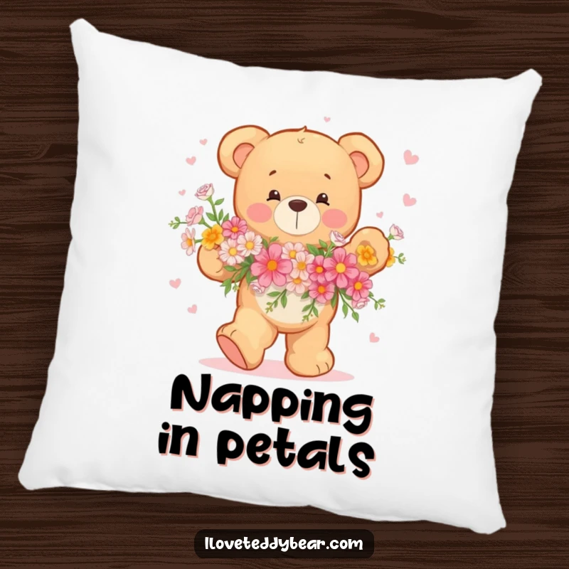 Funny Teddy Bear Pillow with a happy bear dancing with a bouquet of flowers, offering soft comfort and cheerful charm.