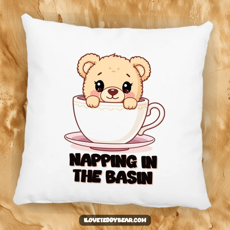Funny Pillow featuring a cute teddy bear peeking with wide eyes from behind a large teacup, perfect for adding charm to any room.