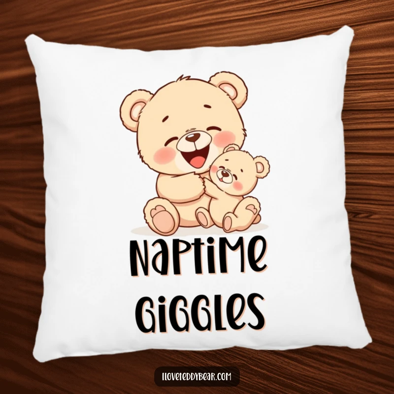 Funny throw pillow showcasing two teddy bears in a sweet tickle embrace, radiating warmth, joy, and infectious giggles.