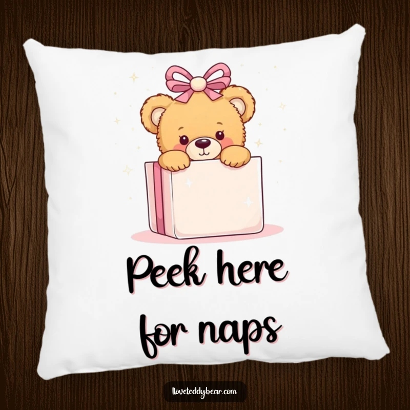 Funny pillow featuring a teddy bear playfully peeking from behind a large, glittering present, offering cozy comfort and playful charm.