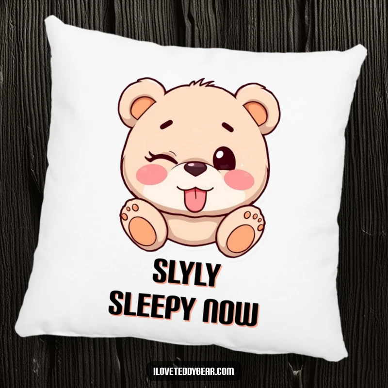 Funny Teddy Bear Winking Pillow: A teddy bear playfully winks with tongue out, designed for cozy and cheeky comfort.