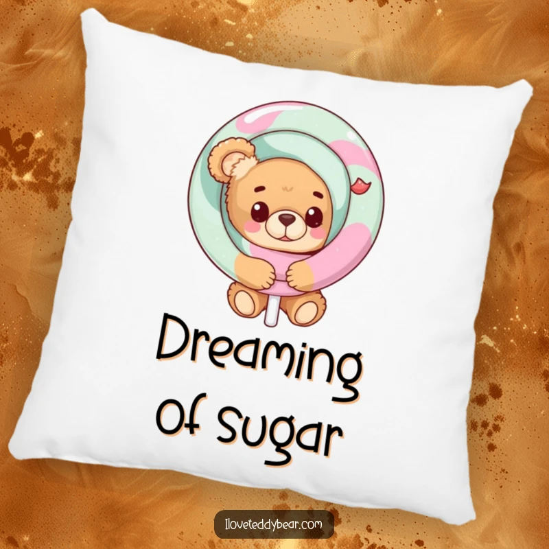 Funny Teddy Bear Pillow with a bear peeking behind a large lollipop, offering soft comfort and sweet, playful charm.
