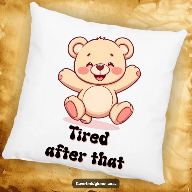 Funny decorative pillow with a grinning teddy bear performing a wobbly cartwheel. A humorous and soft addition to sofas or beds.