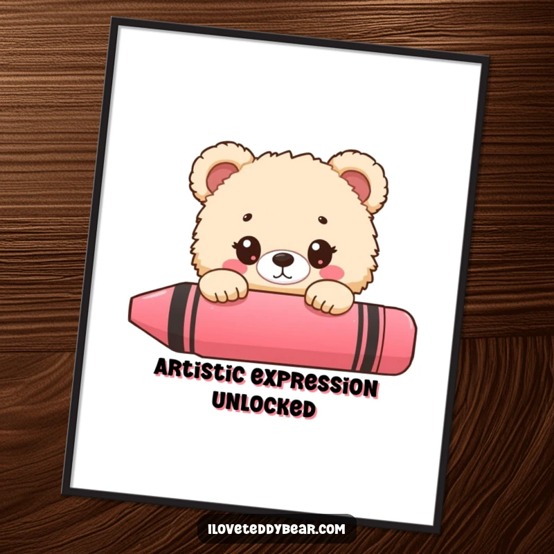 Funny bear digital art print, fluffy bear peeking behind a giant crayon, wide-eyed surprise, printable wall art.